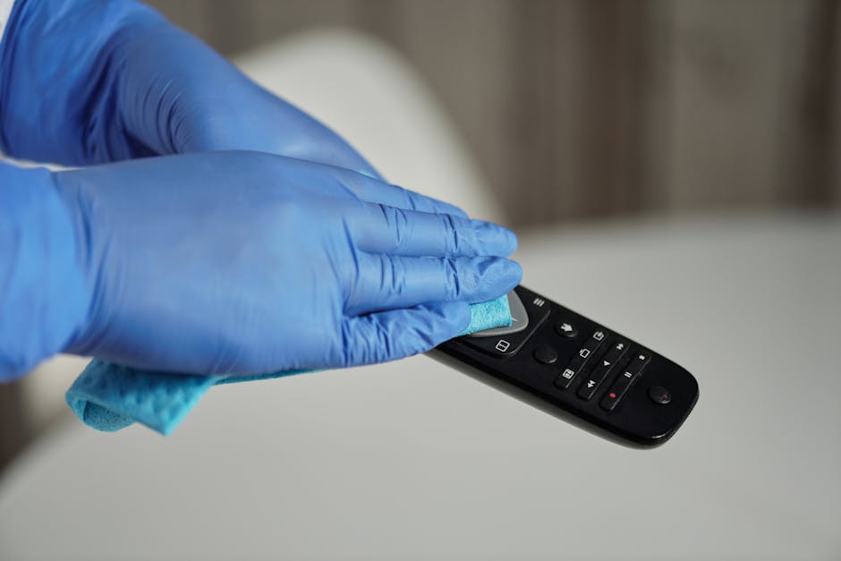 A person wearing blue disposable gloves is using a blue microfiber cloth to wipe the surface of a black remote control, which is positioned on a white table or countertop. The remote features various