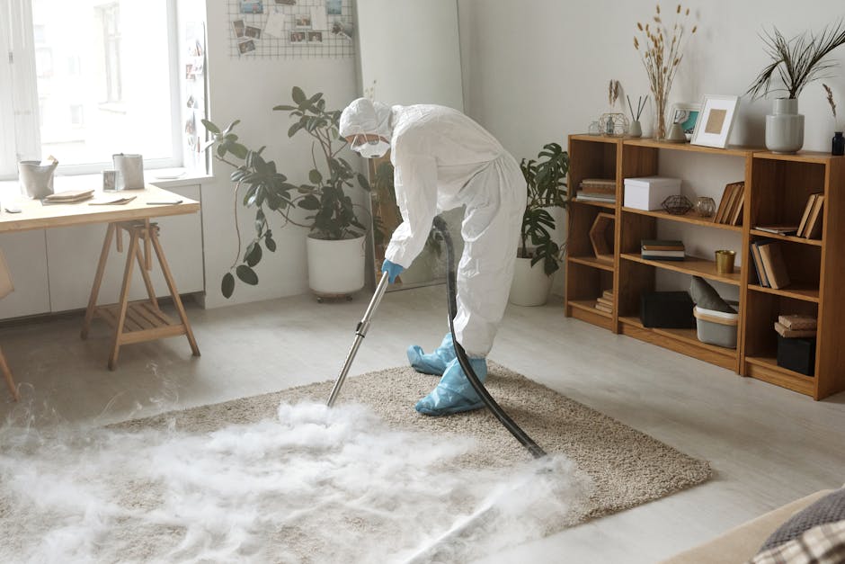 A professional cleaner dressed in full white protective gear, including a suit, mask, and gloves, is performing surface cleaning with a steam or fogging machine on a beige carpet in a well-lit living 